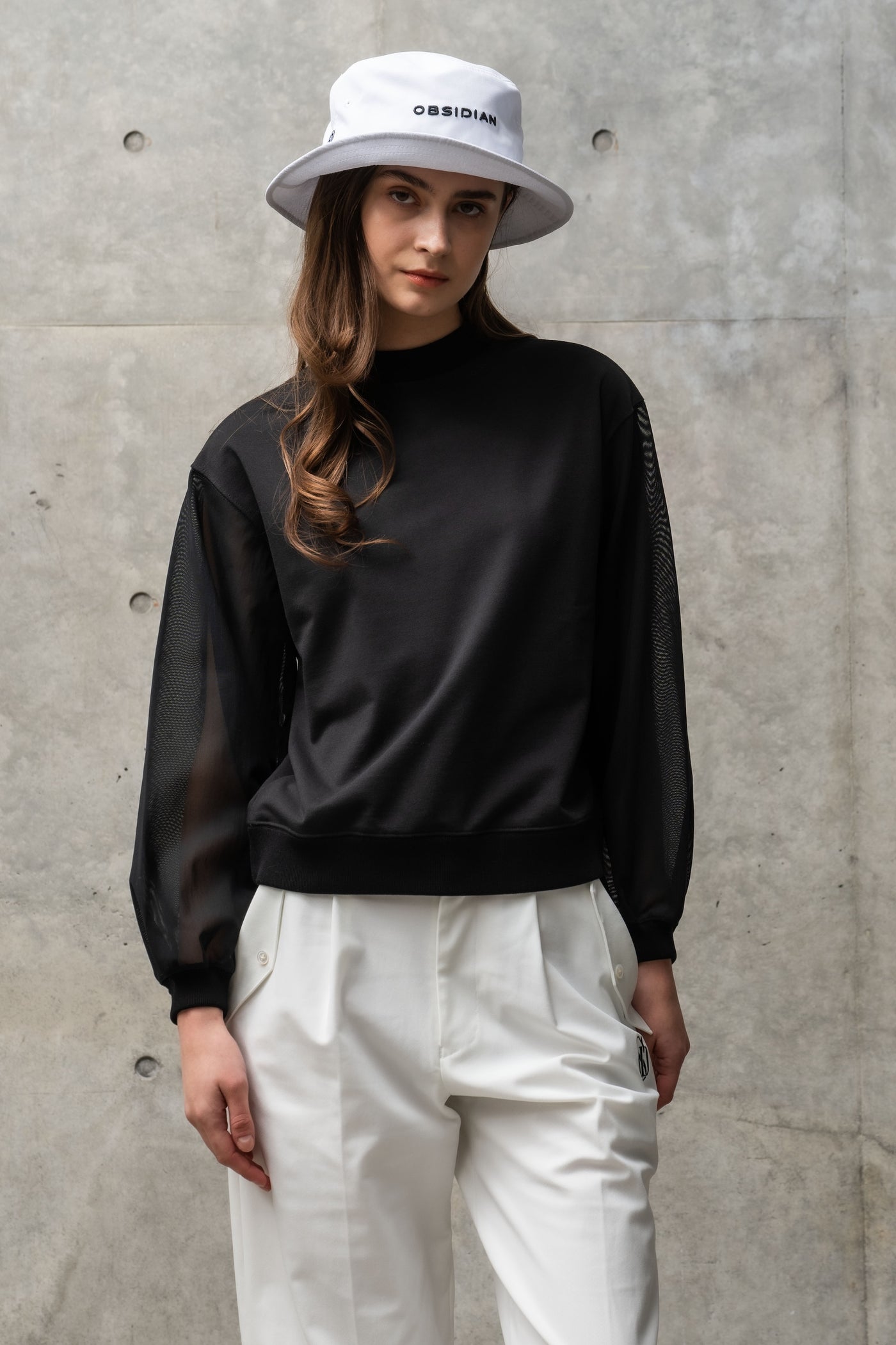 MESH SLEEVE MOCK NECK PULLOVER