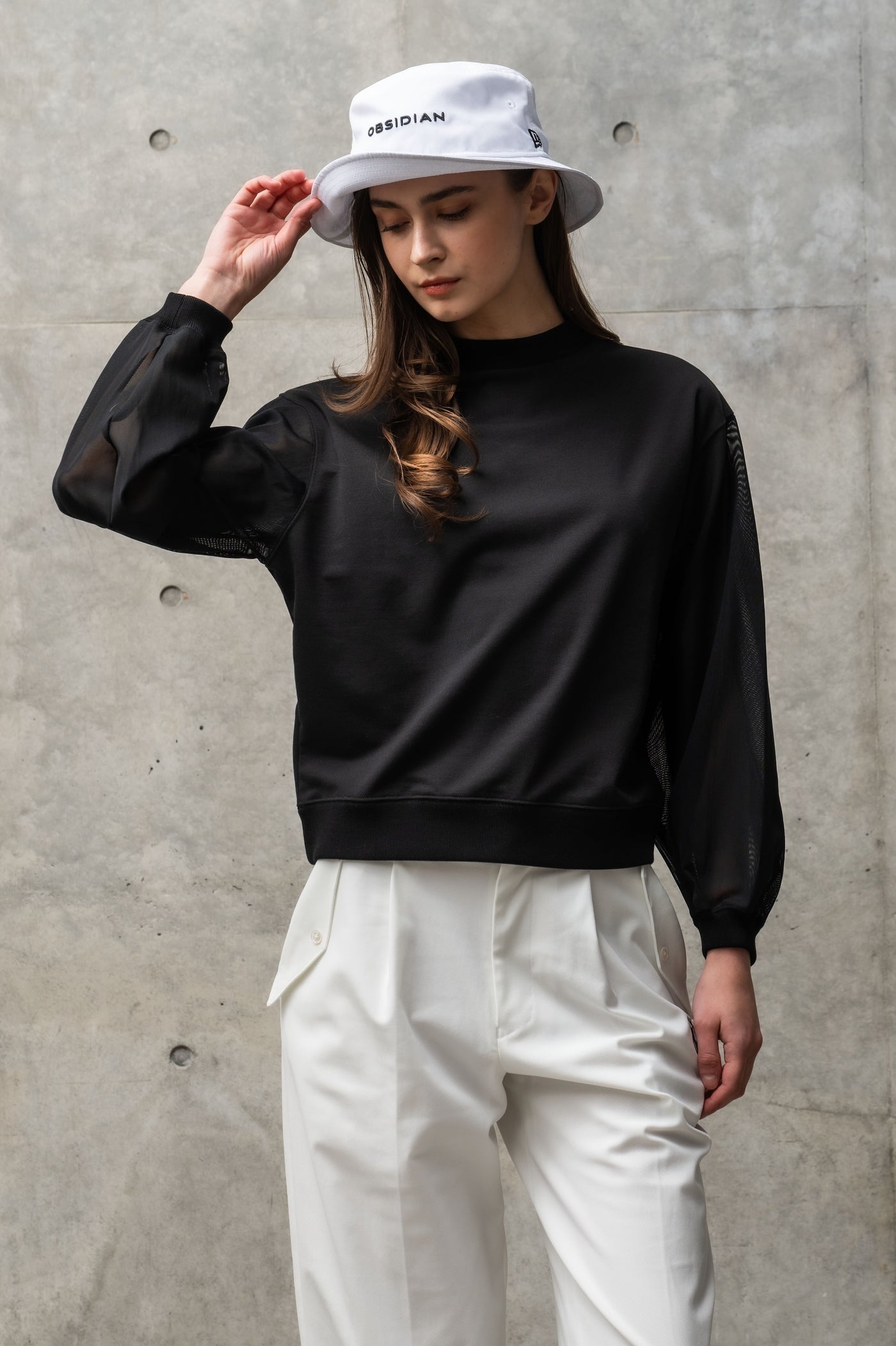 MESH SLEEVE MOCK NECK PULLOVER